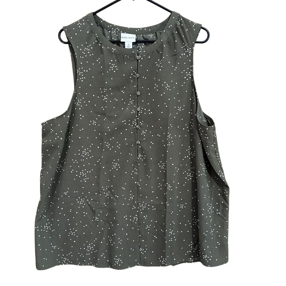 Ava & Viv Womens Blouse Green White Polka Dot Sleeveless Henley Stretch 1X